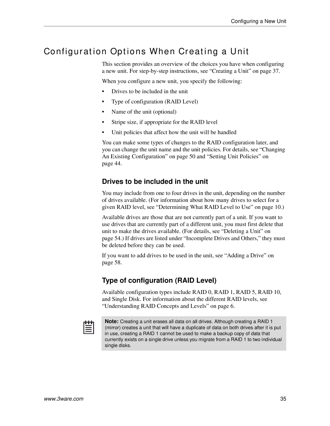 AMCC 720-0138-00 manual Configuration Options When Creating a Unit, Drives to be included in the unit 