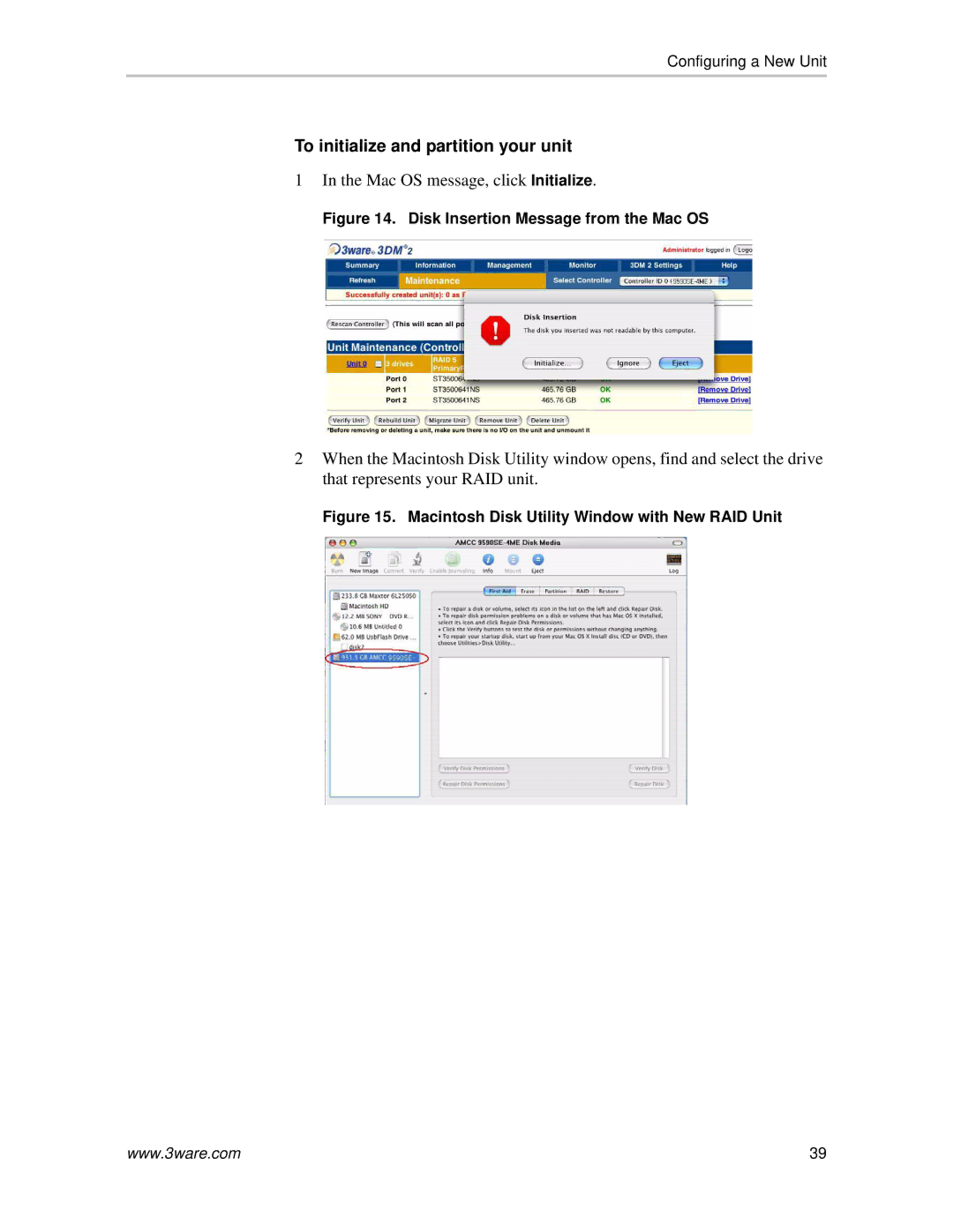 AMCC 720-0138-00 manual To initialize and partition your unit, Disk Insertion Message from the Mac OS 