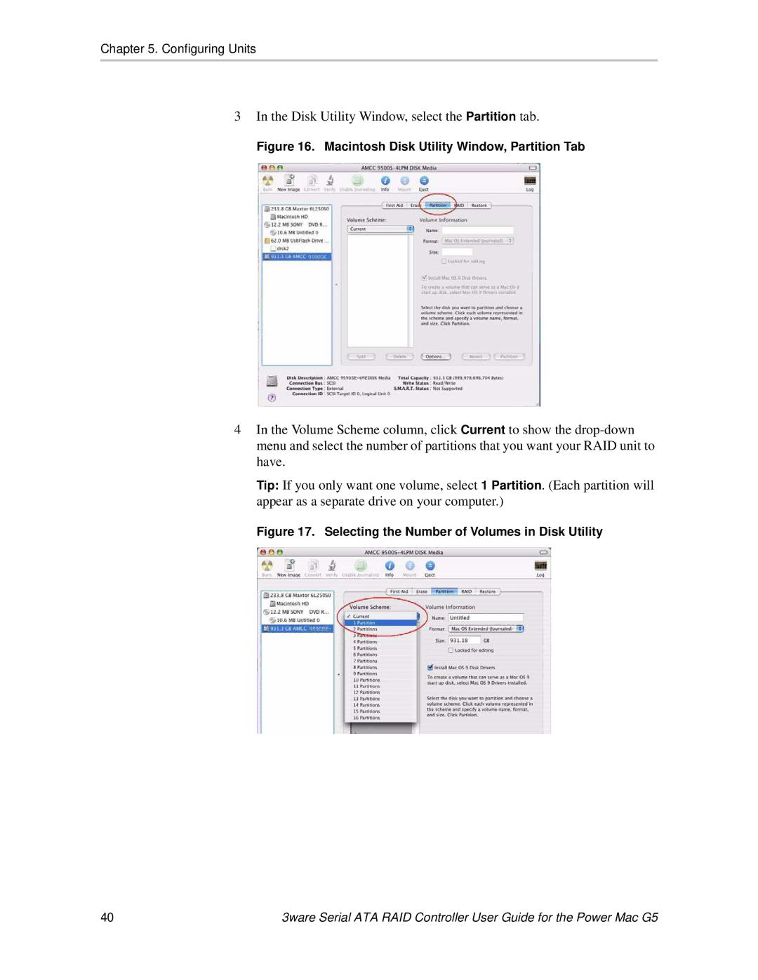 AMCC 720-0138-00 manual Disk Utility Window, select the Partition tab 