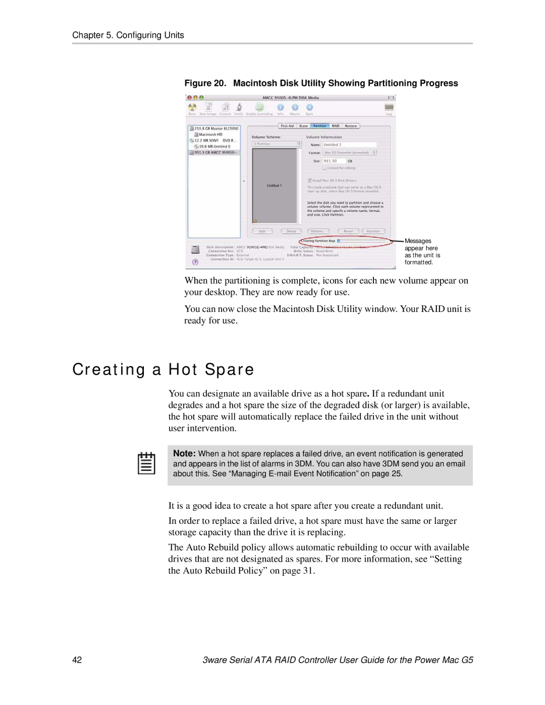 AMCC 720-0138-00 manual Creating a Hot Spare, Macintosh Disk Utility Showing Partitioning Progress 