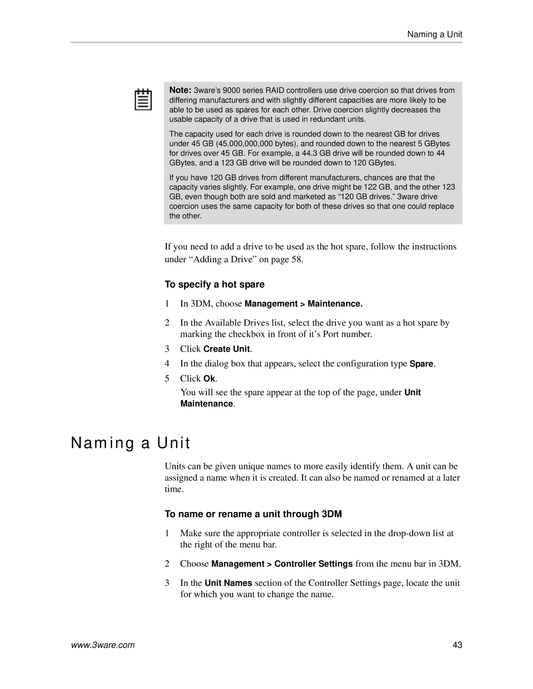 AMCC 720-0138-00 manual Naming a Unit, To specify a hot spare, To name or rename a unit through 3DM 