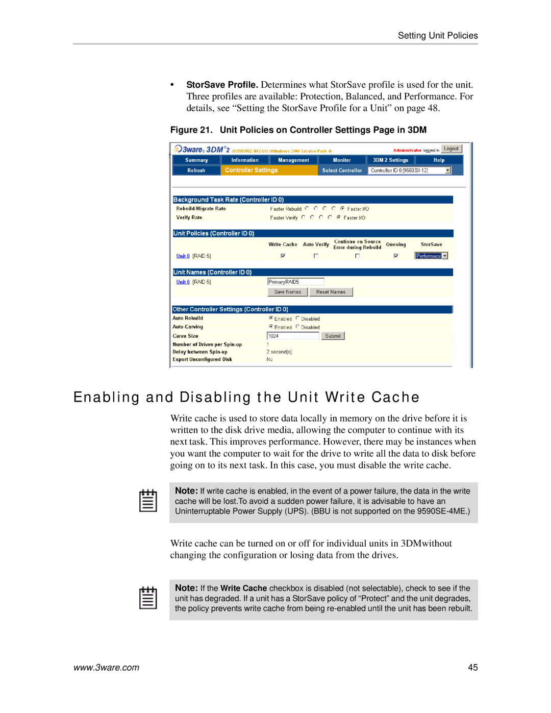 AMCC 720-0138-00 manual Enabling and Disabling the Unit Write Cache, Unit Policies on Controller Settings Page in 3DM 