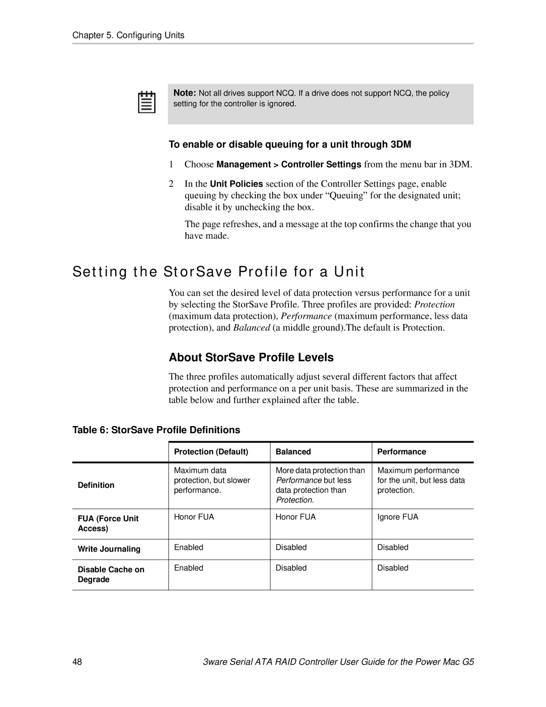 AMCC 720-0138-00 Setting the StorSave Profile for a Unit, About StorSave Profile Levels, StorSave Profile Definitions 