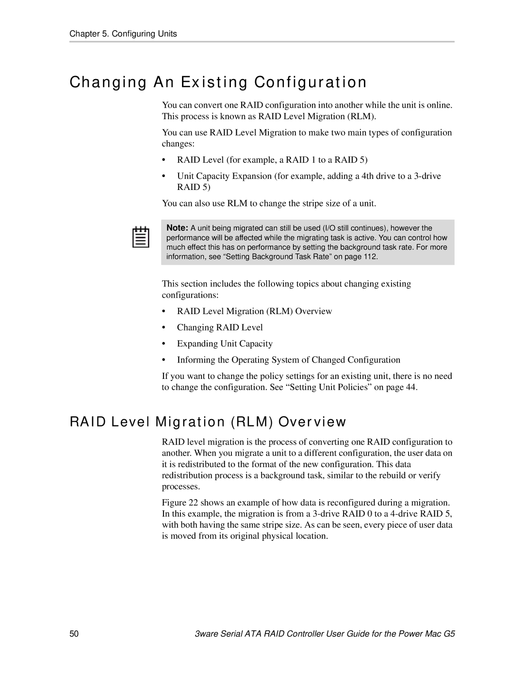 AMCC 720-0138-00 manual Changing An Existing Configuration, RAID Level Migration RLM Overview 