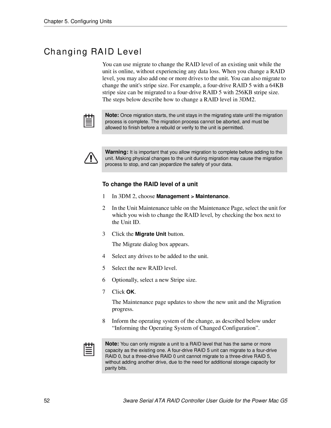 AMCC 720-0138-00 manual Changing RAID Level, To change the RAID level of a unit 