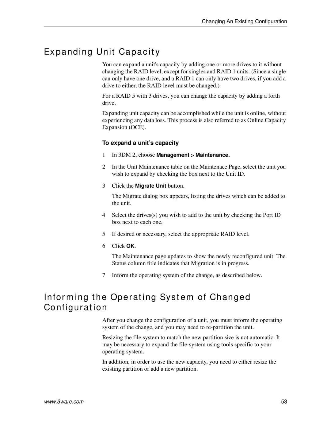 AMCC 720-0138-00 manual Expanding Unit Capacity, Informing the Operating System of Changed Configuration 