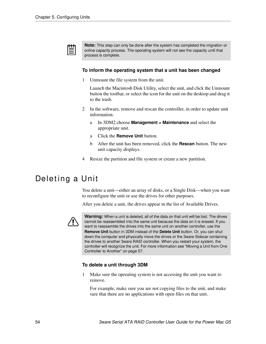 AMCC 720-0138-00 manual Deleting a Unit, To inform the operating system that a unit has been changed 