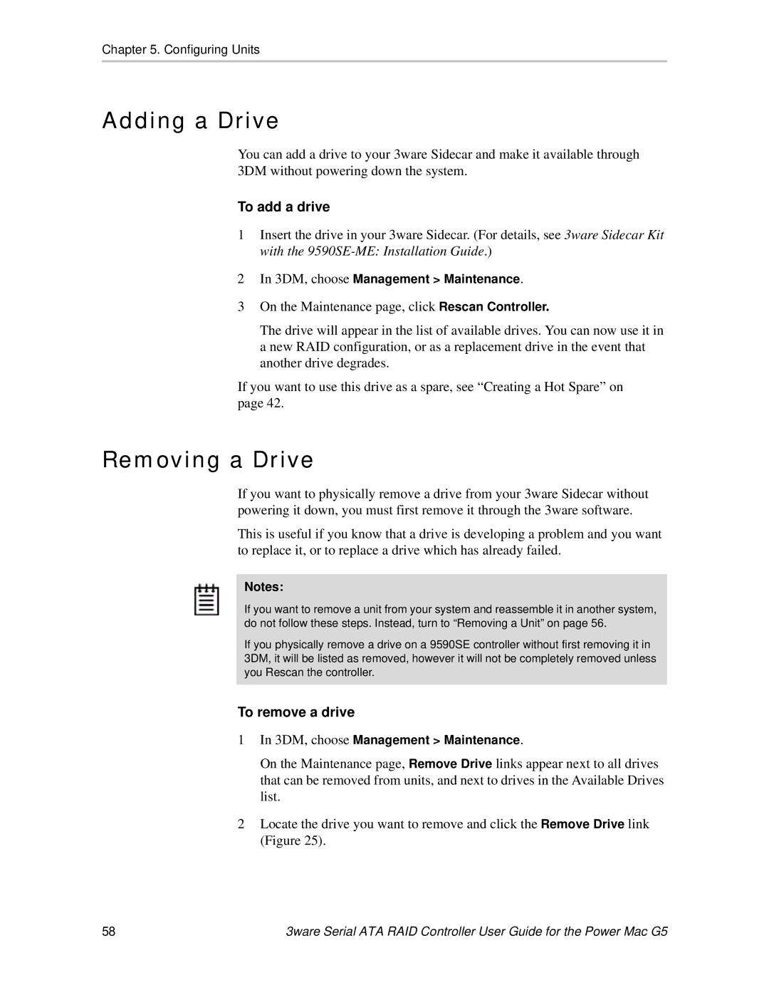 AMCC 720-0138-00 manual Adding a Drive, Removing a Drive, To add a drive, To remove a drive 