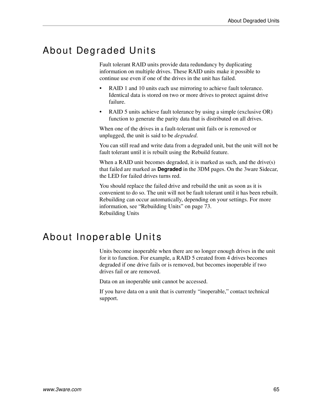 AMCC 720-0138-00 manual About Degraded Units, About Inoperable Units 