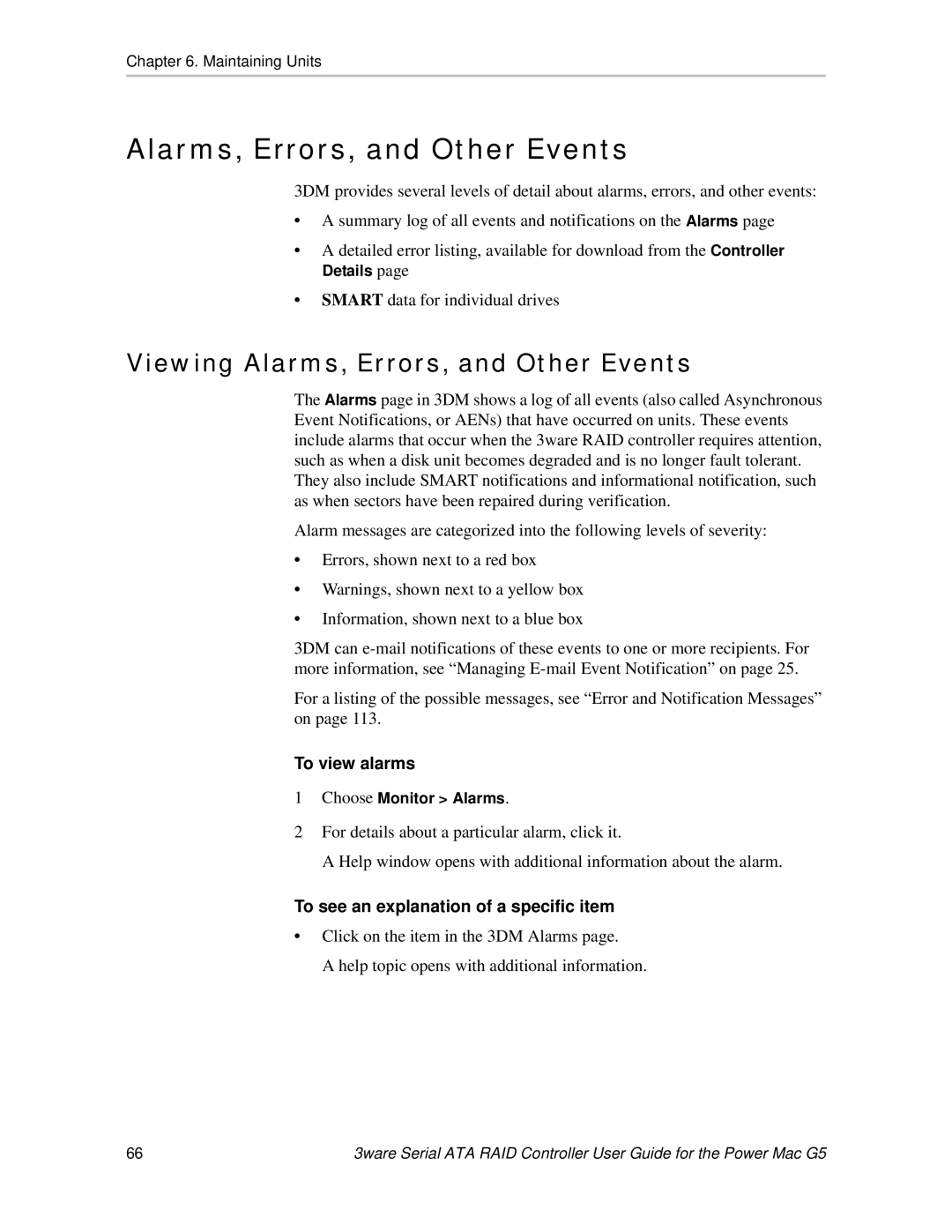 AMCC 720-0138-00 Viewing Alarms, Errors, and Other Events, To view alarms, To see an explanation of a specific item 