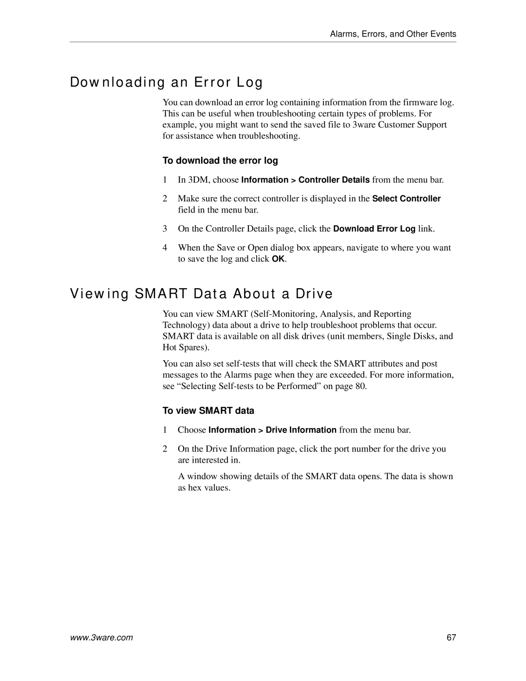 AMCC 720-0138-00 Downloading an Error Log, Viewing Smart Data About a Drive, To download the error log, To view Smart data 