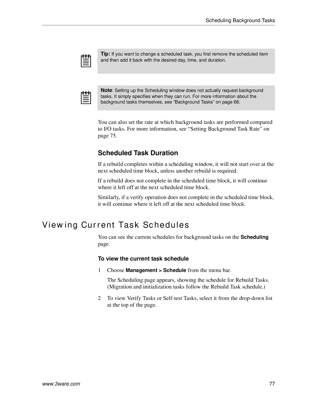 AMCC 720-0138-00 manual Viewing Current Task Schedules, Scheduled Task Duration, To view the current task schedule 