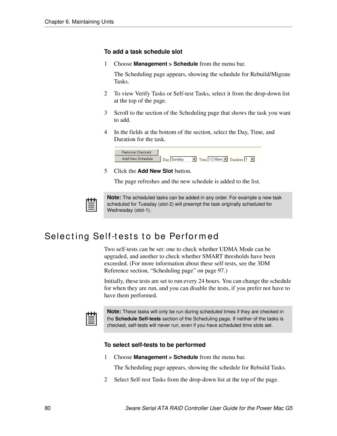 AMCC 720-0138-00 Selecting Self-tests to be Performed, To add a task schedule slot, To select self-tests to be performed 