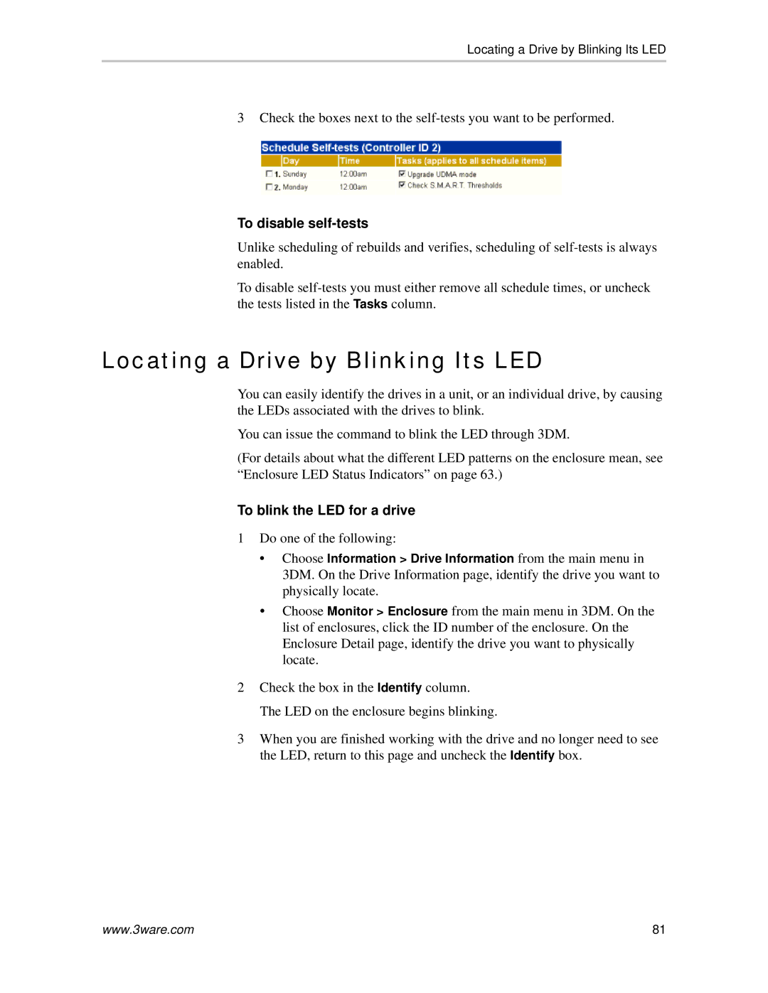 AMCC 720-0138-00 manual Locating a Drive by Blinking Its LED, To disable self-tests, To blink the LED for a drive 