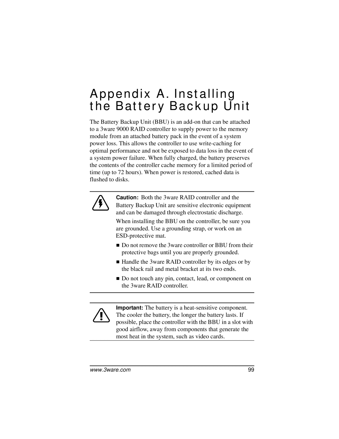 AMCC 9000 manual Appendix A. Installing the Battery Backup Unit 