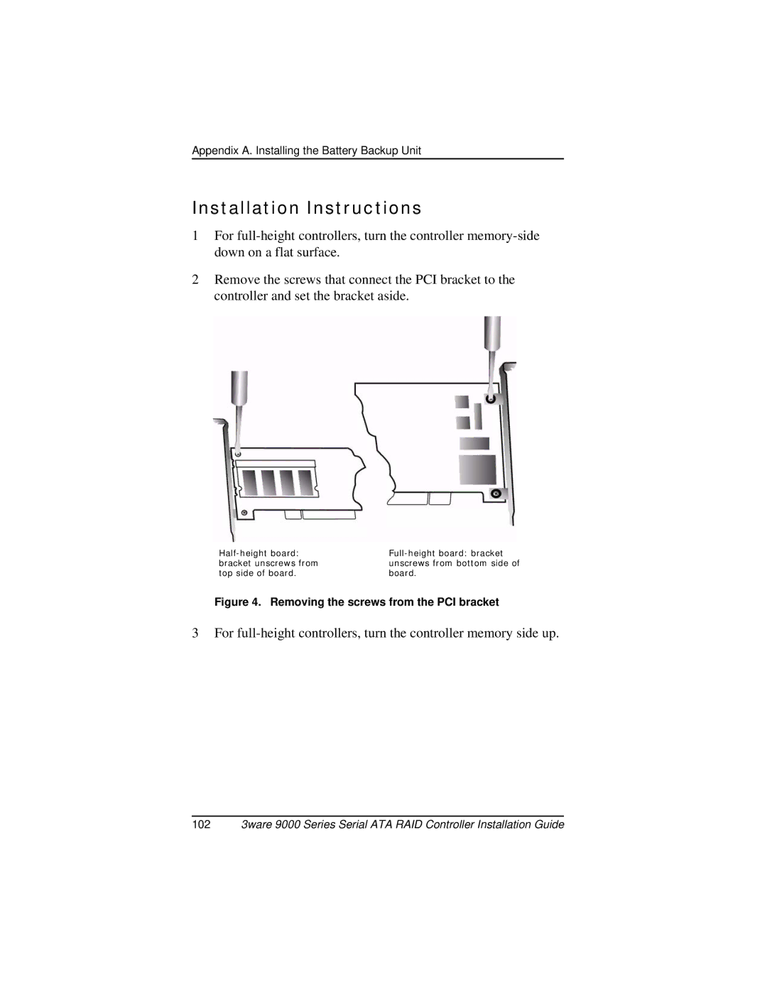 AMCC 9000 manual Installation Instructions, Removing the screws from the PCI bracket 