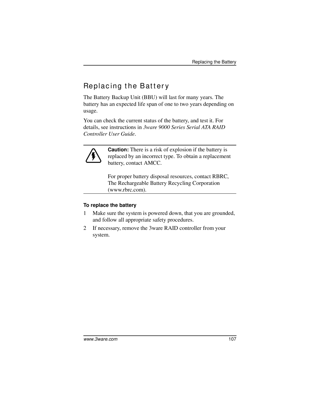 AMCC 9000 manual Replacing the Battery 