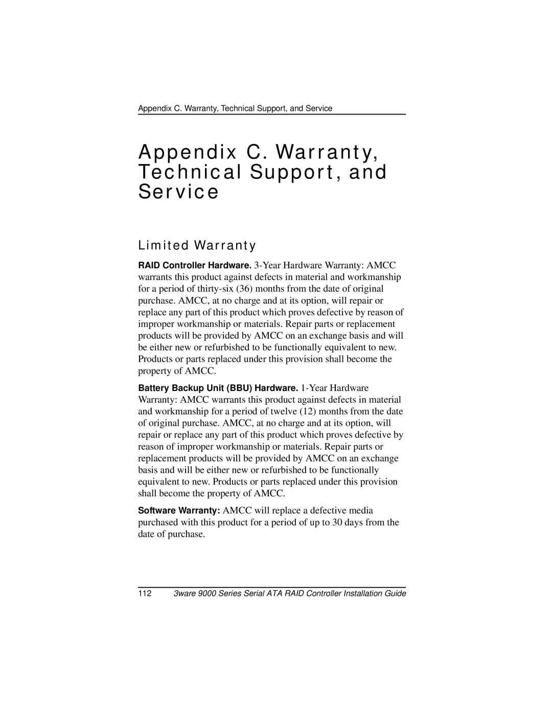 AMCC 9000 manual Appendix C. Warranty Technical Support, Service, Limited Warranty 