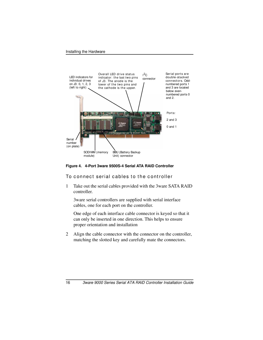 AMCC 9000 manual To connect serial cables to the controller, Port 3ware 9500S-4 Serial ATA RAID Controller 