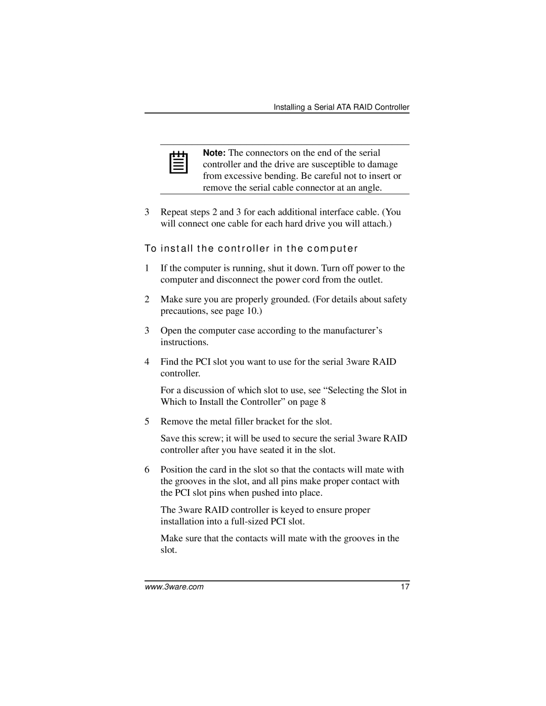 AMCC 9000 manual To install the controller in the computer 