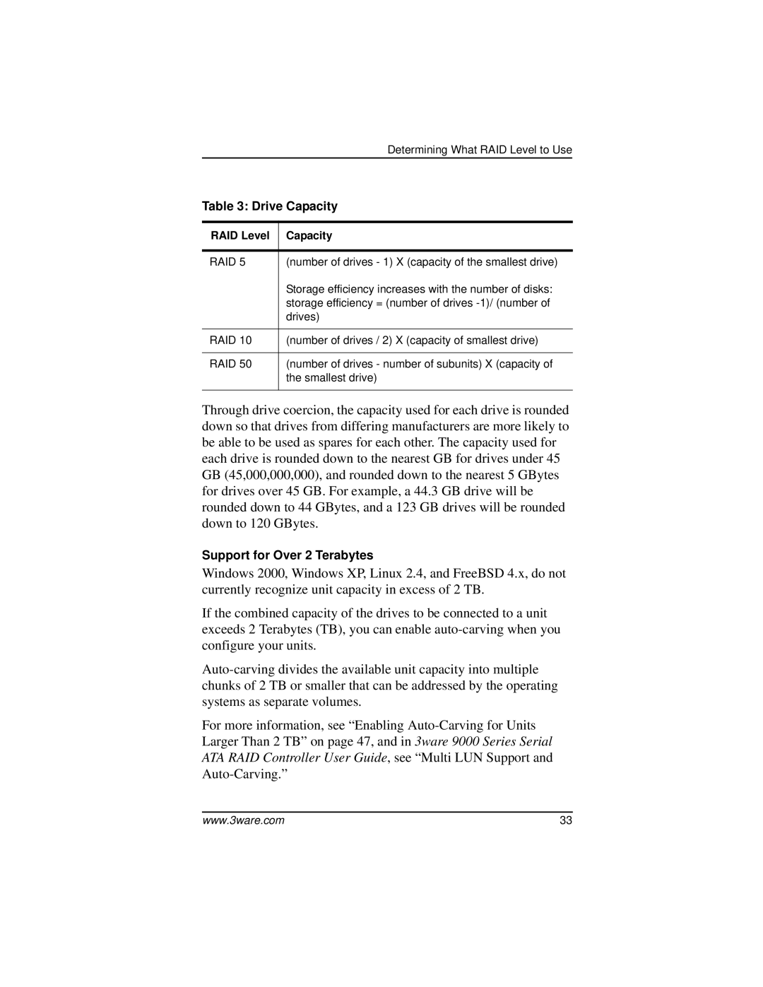 AMCC 9000 manual Support for Over 2 Terabytes 