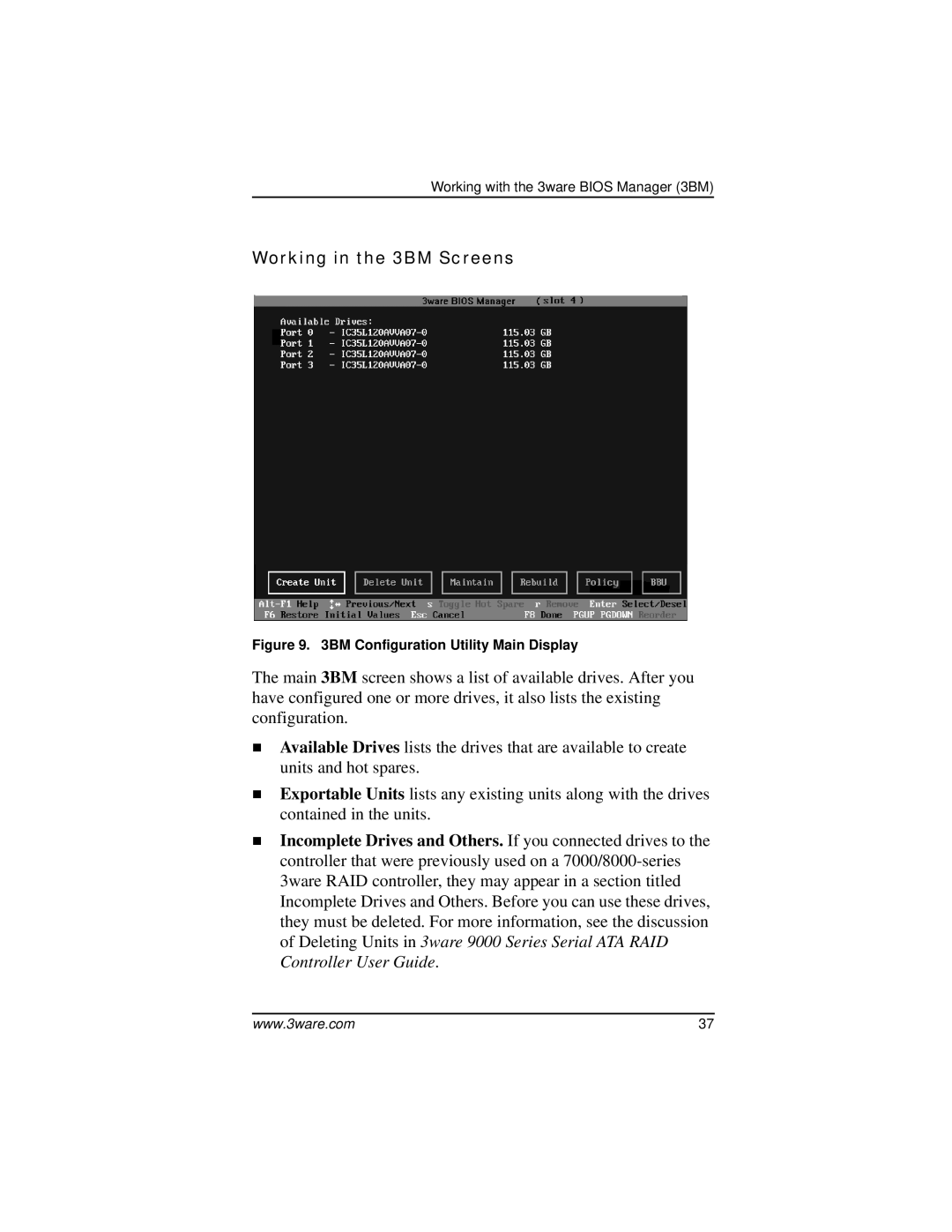 AMCC 9000 manual Working in the 3BM Screens, BM Configuration Utility Main Display 