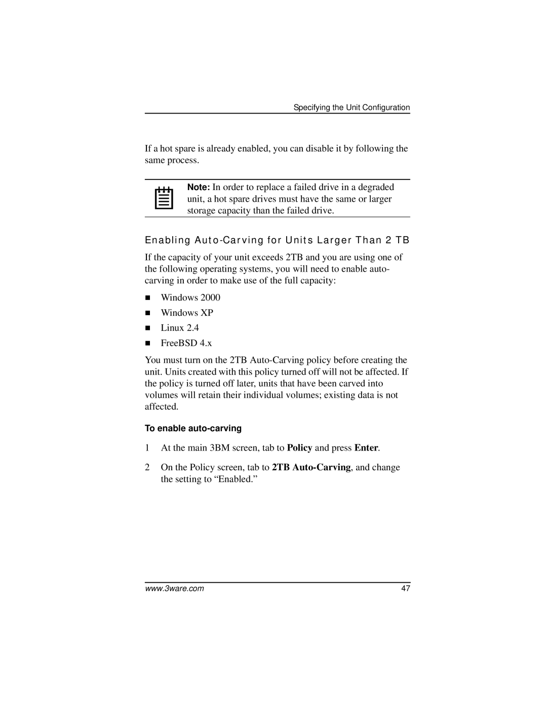 AMCC 9000 manual Enabling Auto-Carving for Units Larger Than 2 TB 