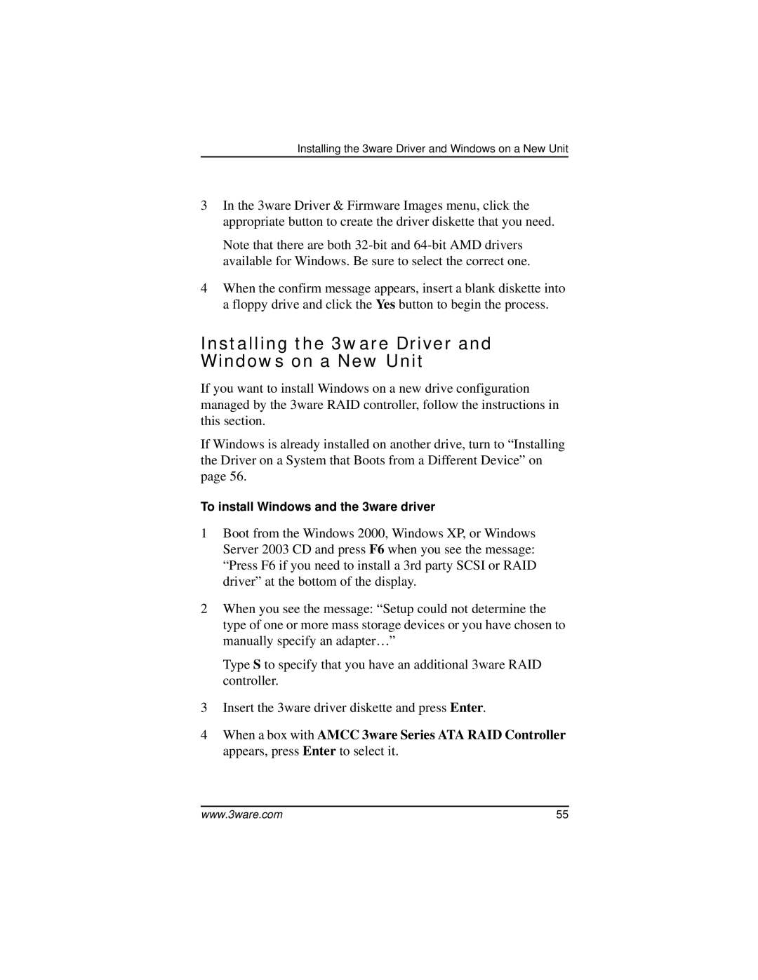 AMCC 9000 manual Installing the 3ware Driver and Windows on a New Unit 