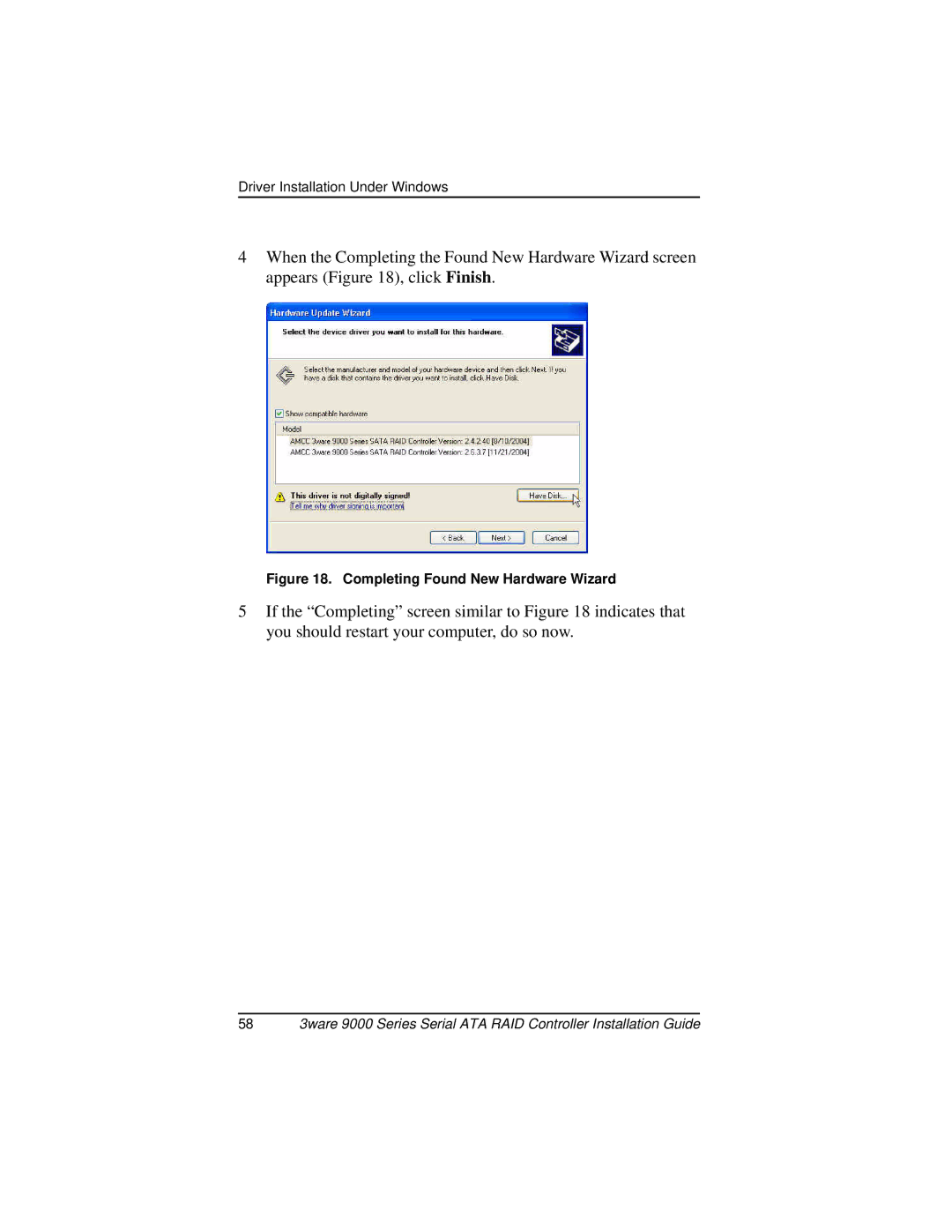 AMCC 9000 manual Completing Found New Hardware Wizard 