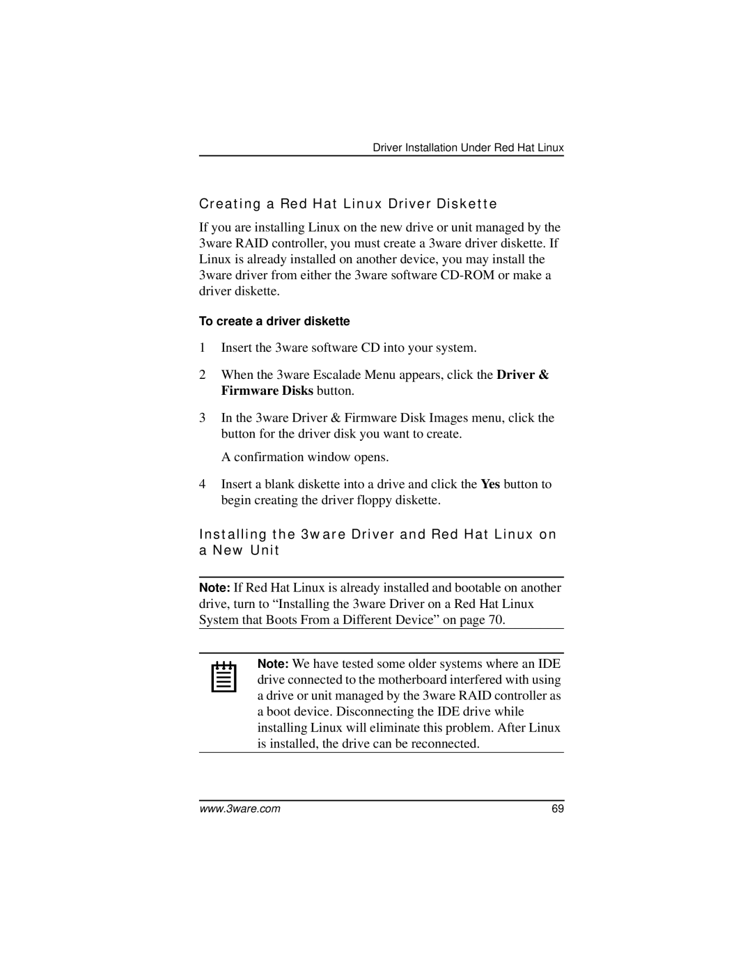 AMCC 9000 manual Creating a Red Hat Linux Driver Diskette, Installing the 3ware Driver and Red Hat Linux on a New Unit 