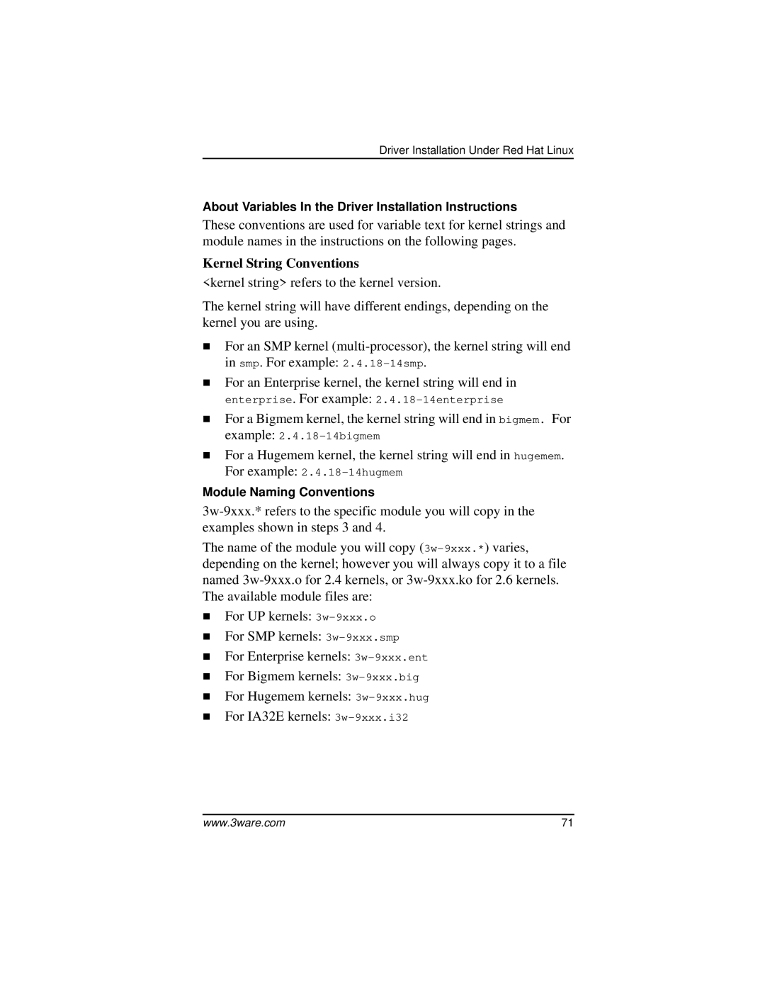 AMCC 9000 manual Kernel String Conventions 