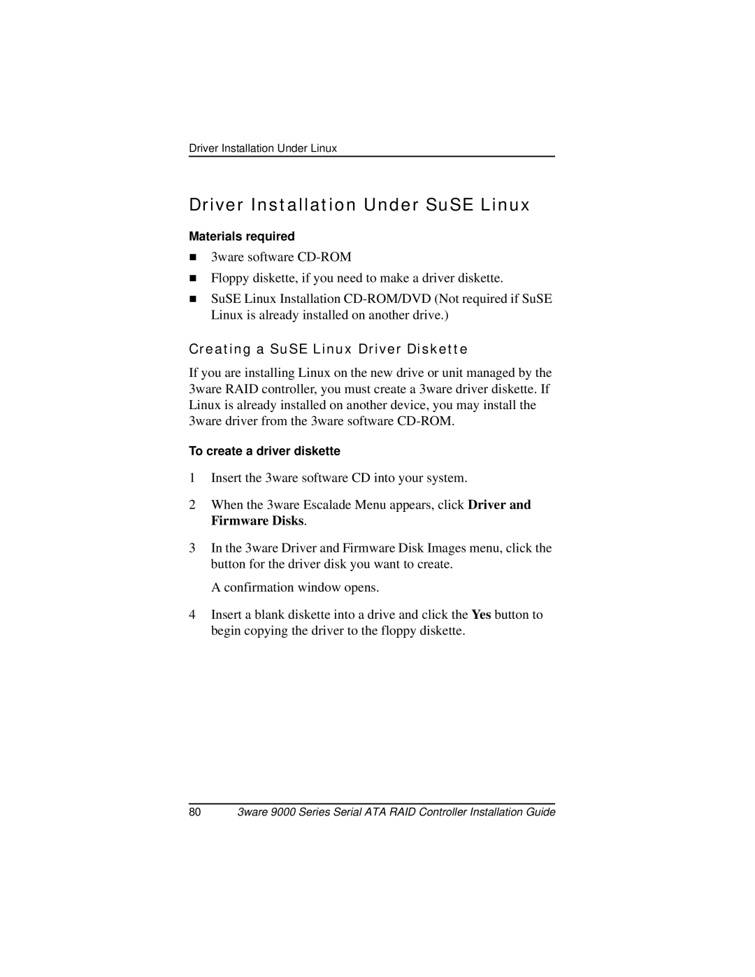 AMCC 9000 manual Driver Installation Under SuSE Linux, Creating a SuSE Linux Driver Diskette 