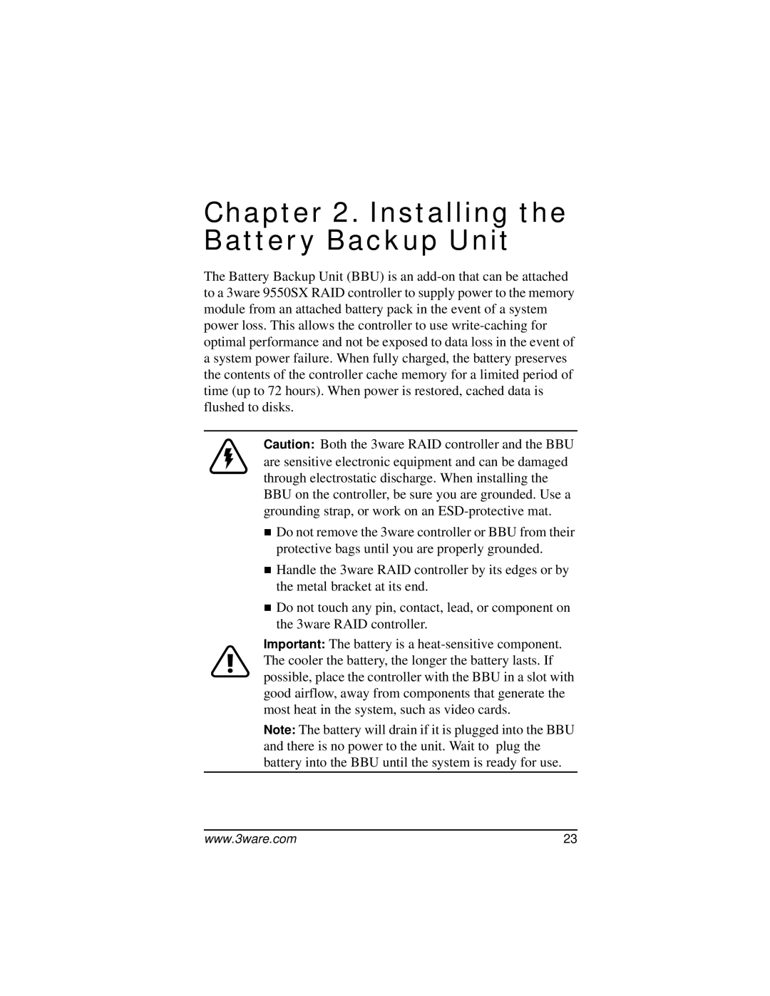 AMCC 9550SX-8LP manual Installing the Battery Backup Unit 