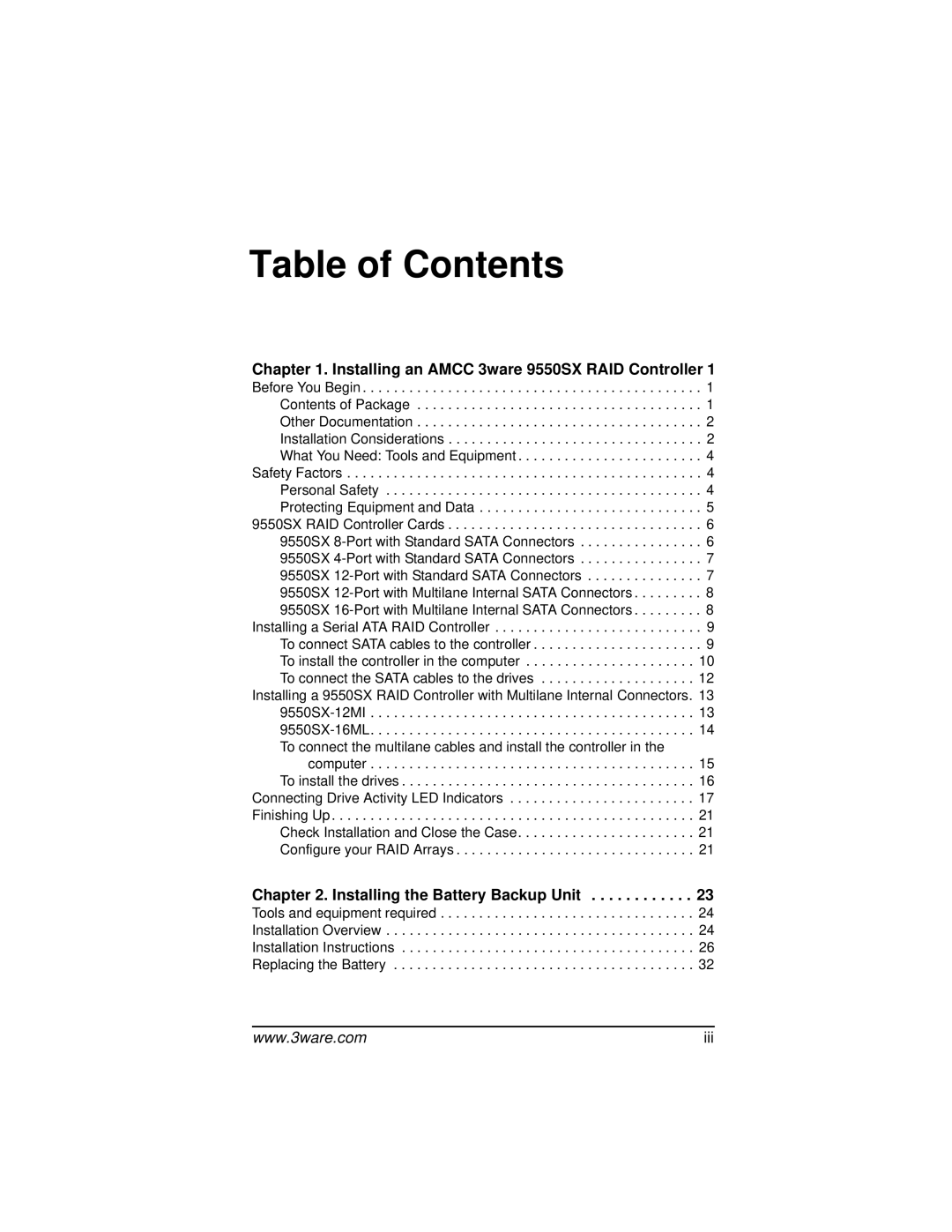 AMCC 9550SX-8LP manual Table of Contents 