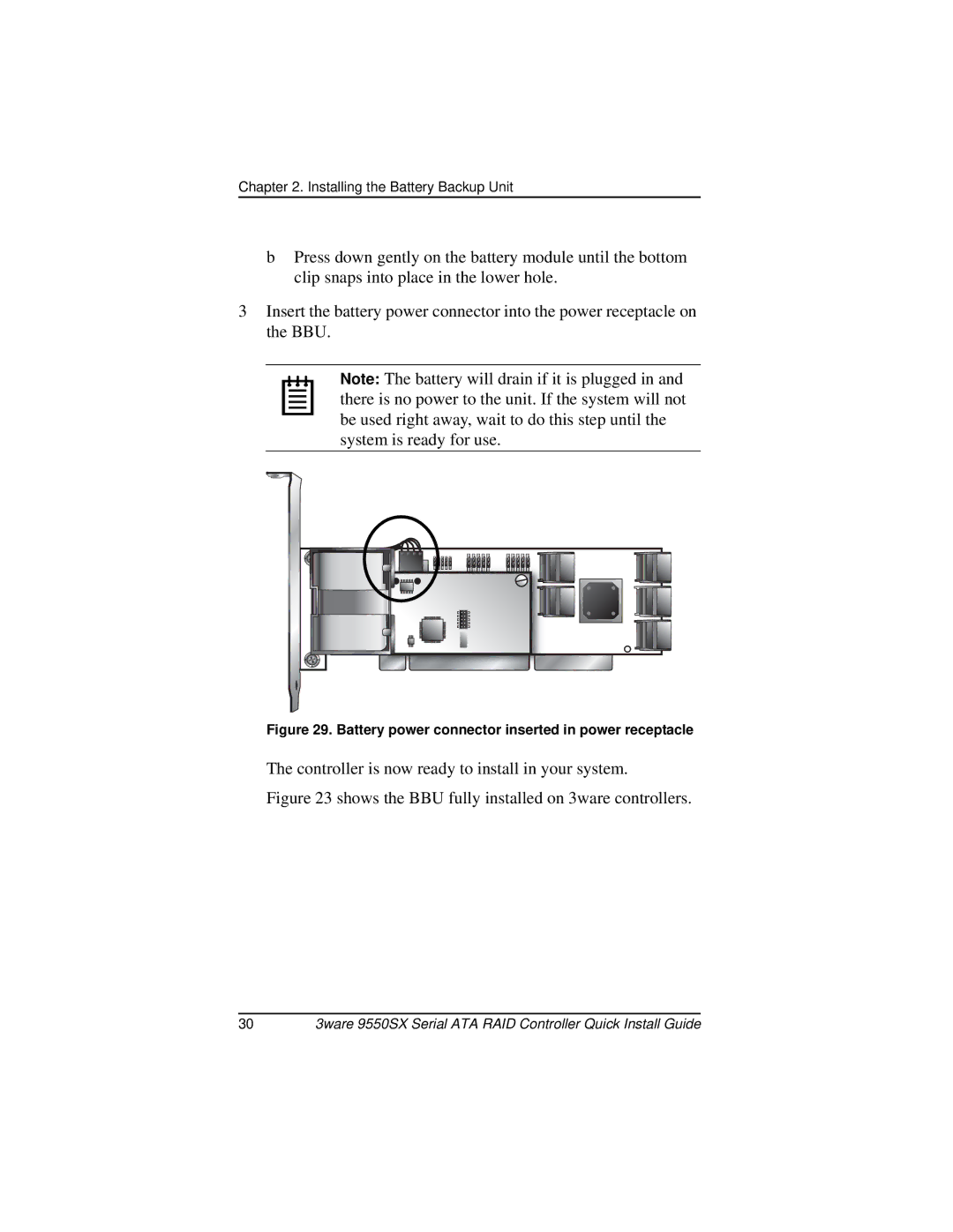 AMCC 9550SX-8LP manual Shows the BBU fully installed on 3ware controllers 