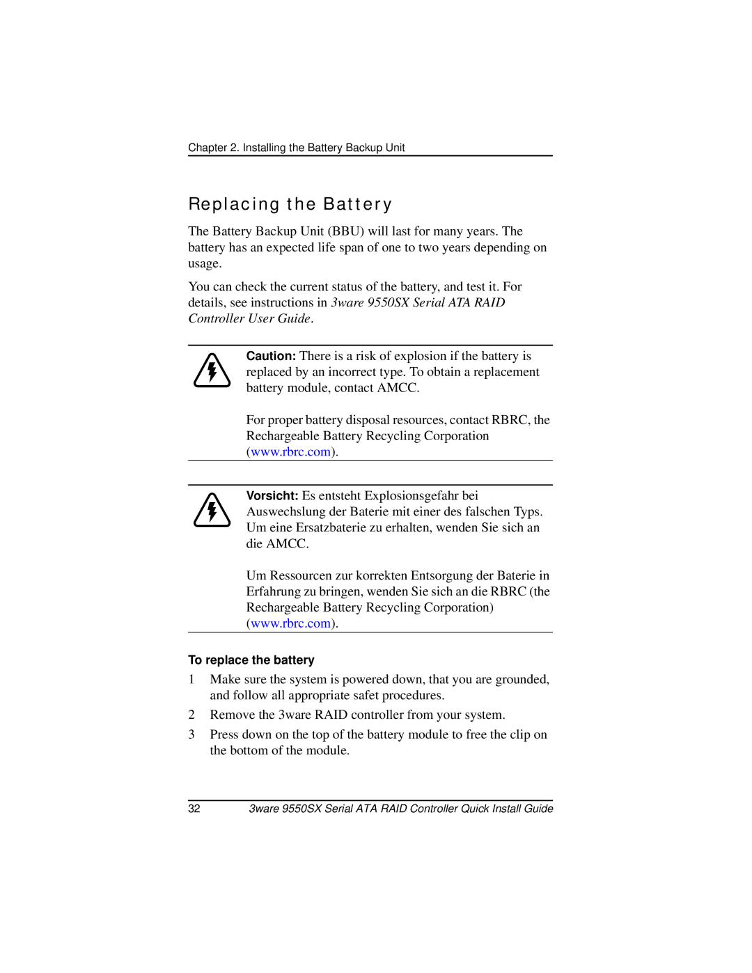 AMCC 9550SX-8LP manual Replacing the Battery 