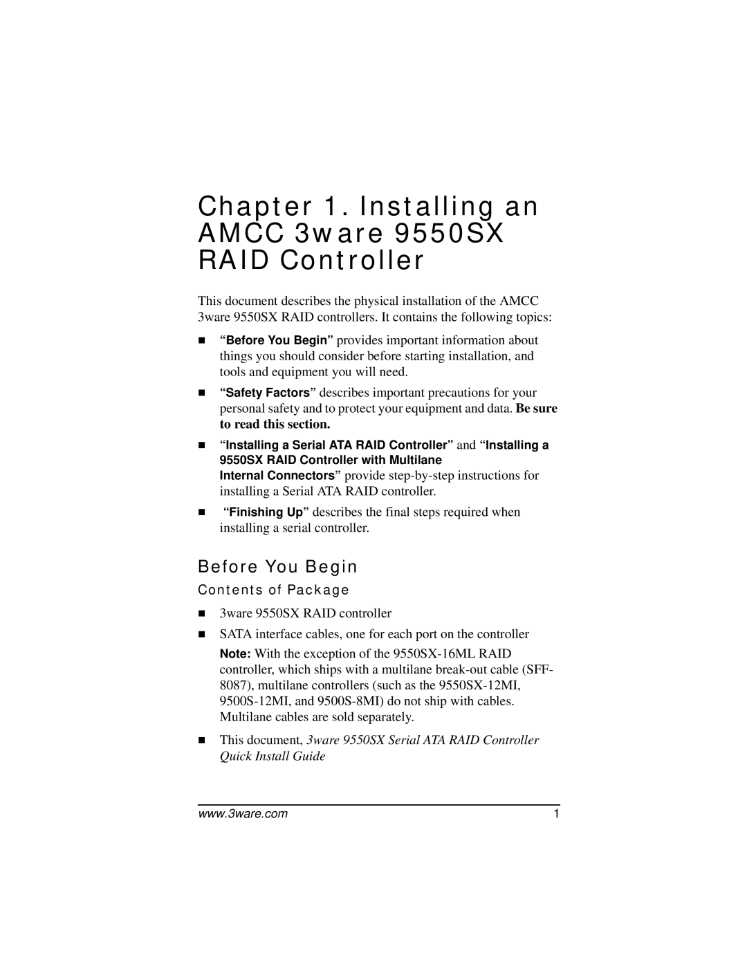 AMCC 9550SX-8LP manual Before You Begin, Contents of Package 