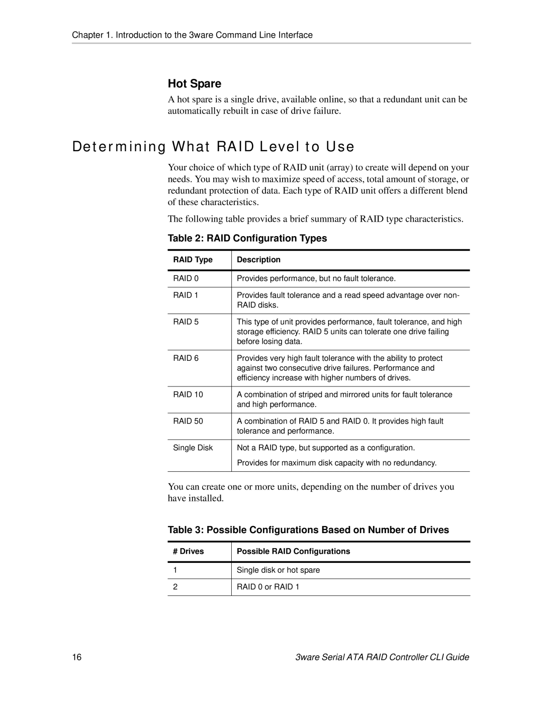 AMCC 9590SE, 9550SX, 9500S, 9650SE manual Determining What RAID Level to Use, Hot Spare, RAID Configuration Types 