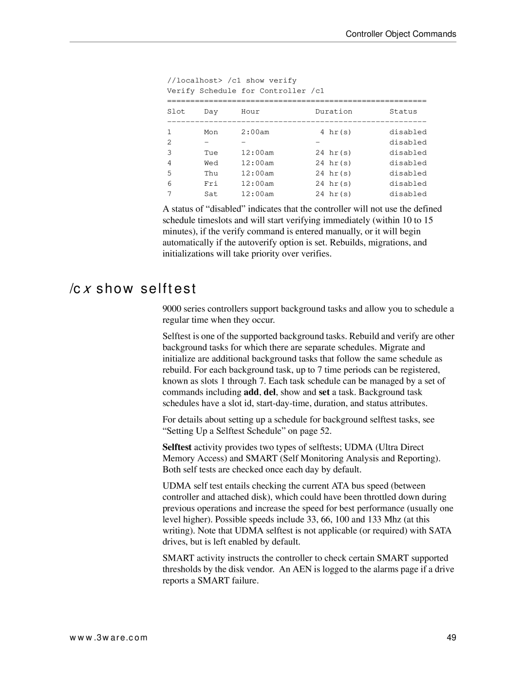 AMCC 9650SE, 9550SX, 9500S, 9590SE manual Cx show selftest 