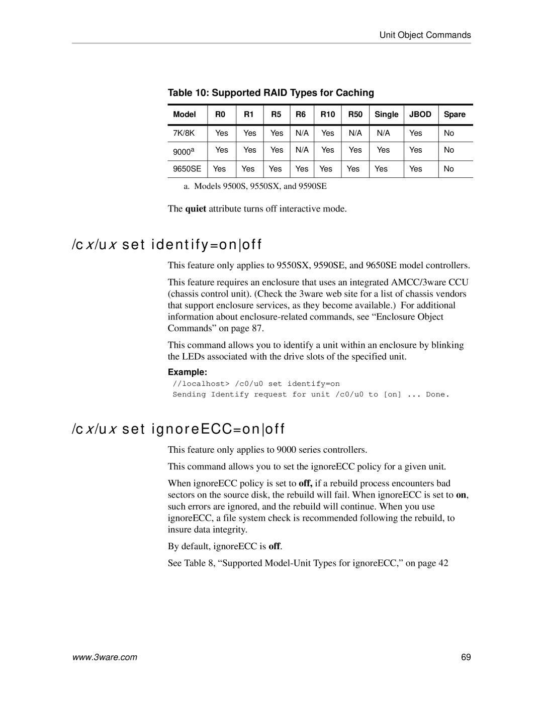 AMCC 9650SE, 9550SX, 9500S, 9590SE Cx/ux set identify=onoff, Cx/ux set ignoreECC=onoff, Supported RAID Types for Caching 