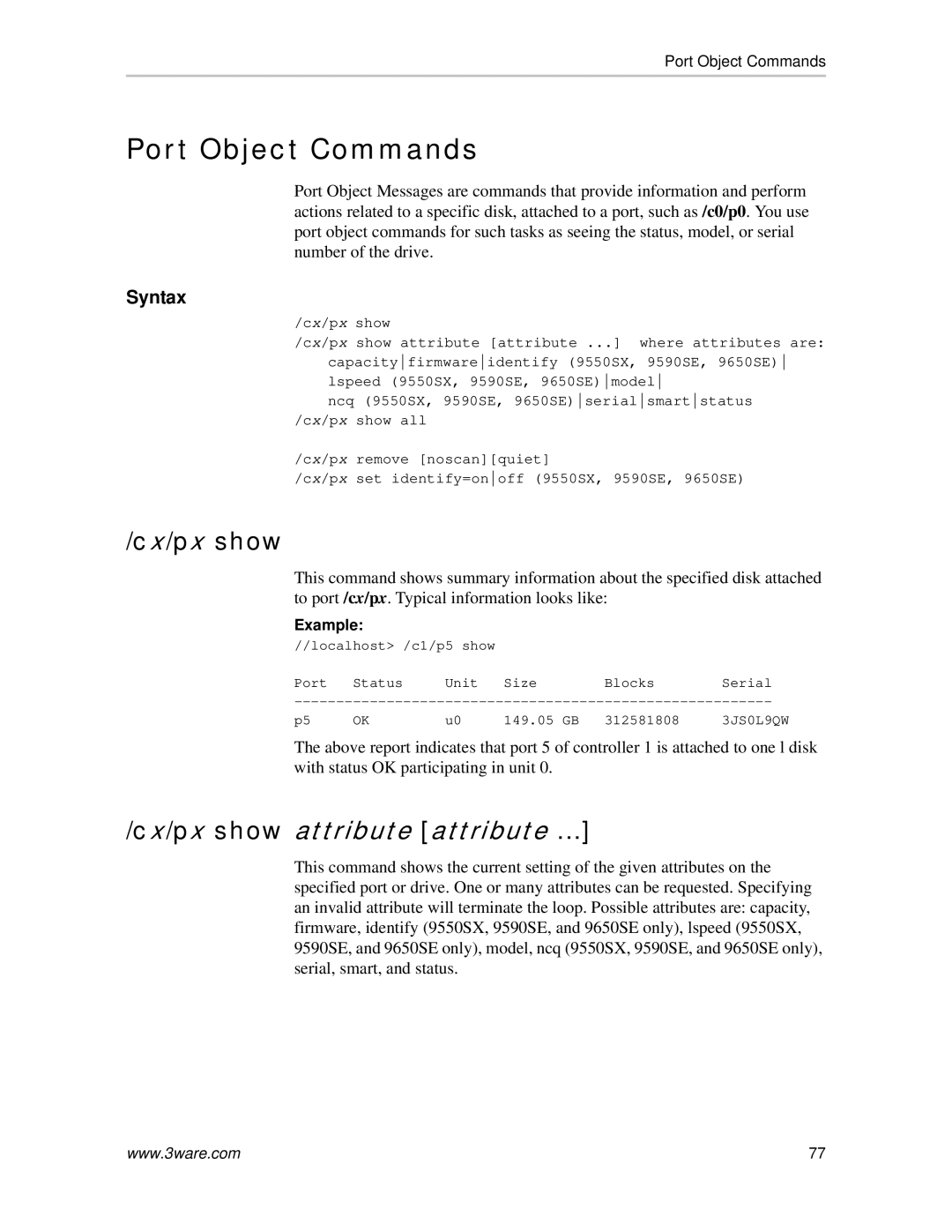 AMCC 9650SE, 9550SX, 9500S, 9590SE manual Port Object Commands, Cx/px show 