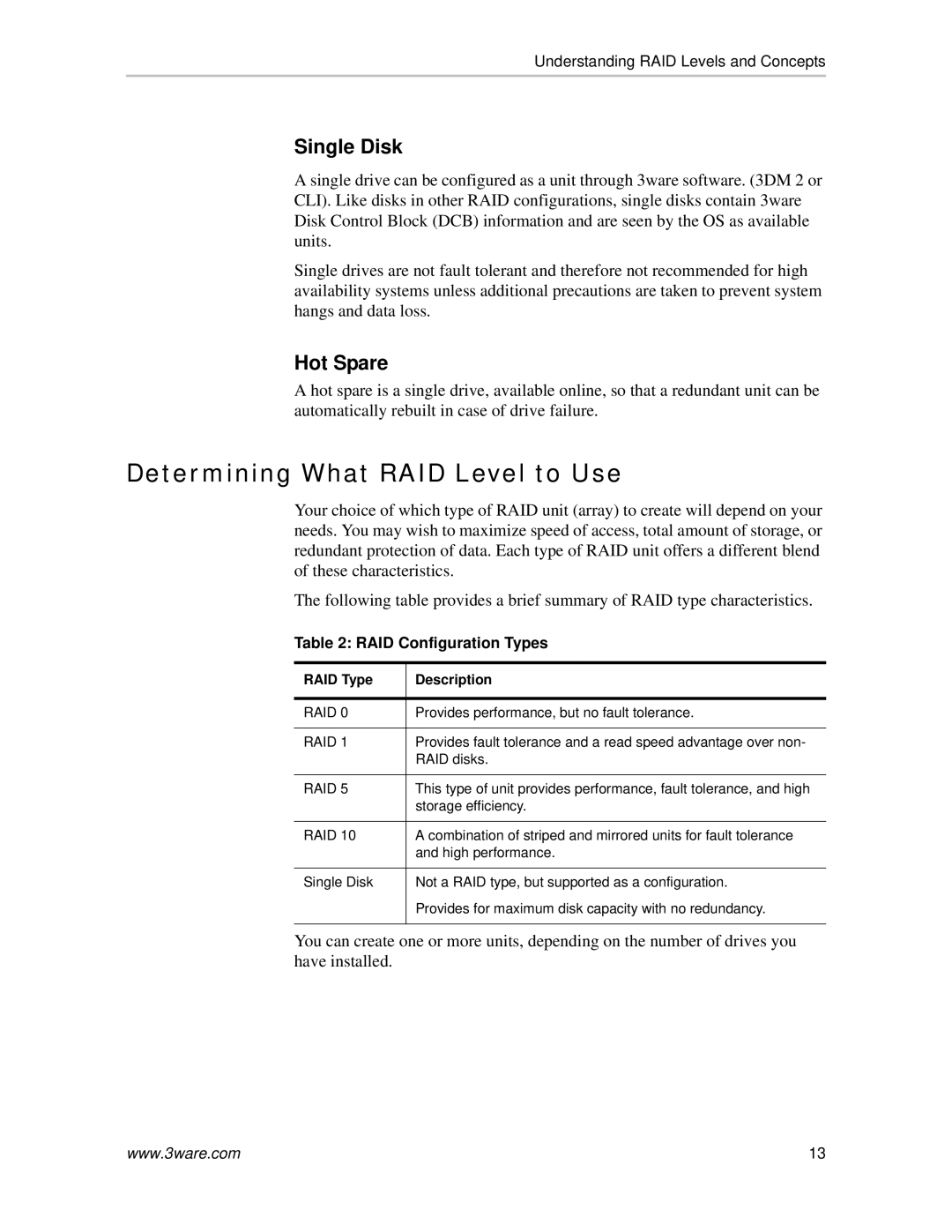 AMCC 9590SE-4ME manual Determining What RAID Level to Use, Single Disk 