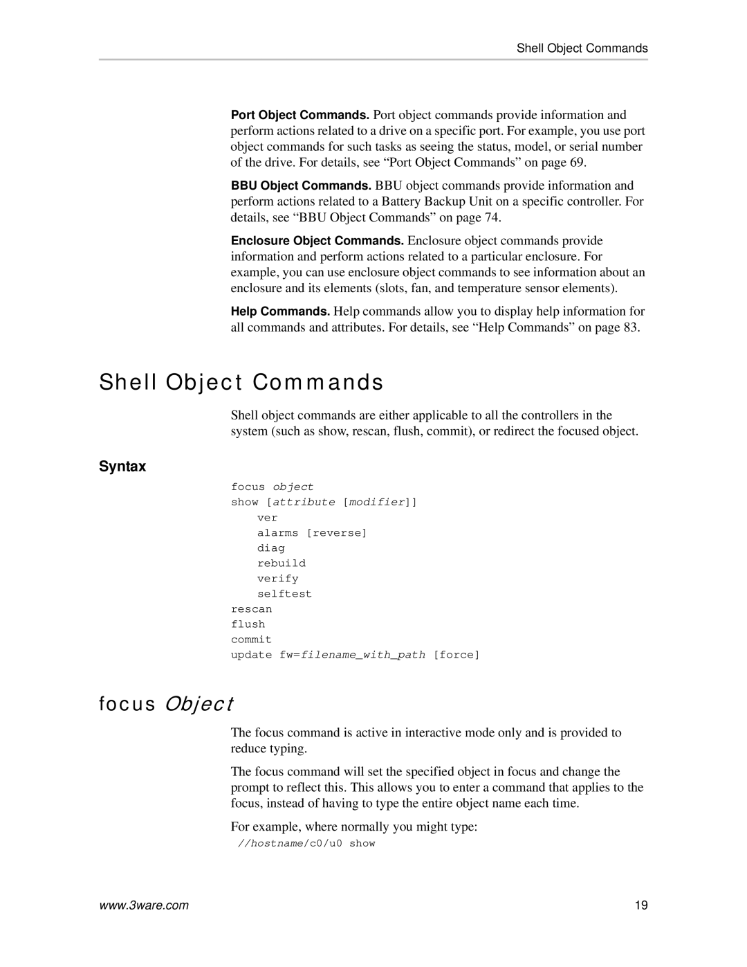 AMCC 9590SE-4ME manual Shell Object Commands, Focus Object 