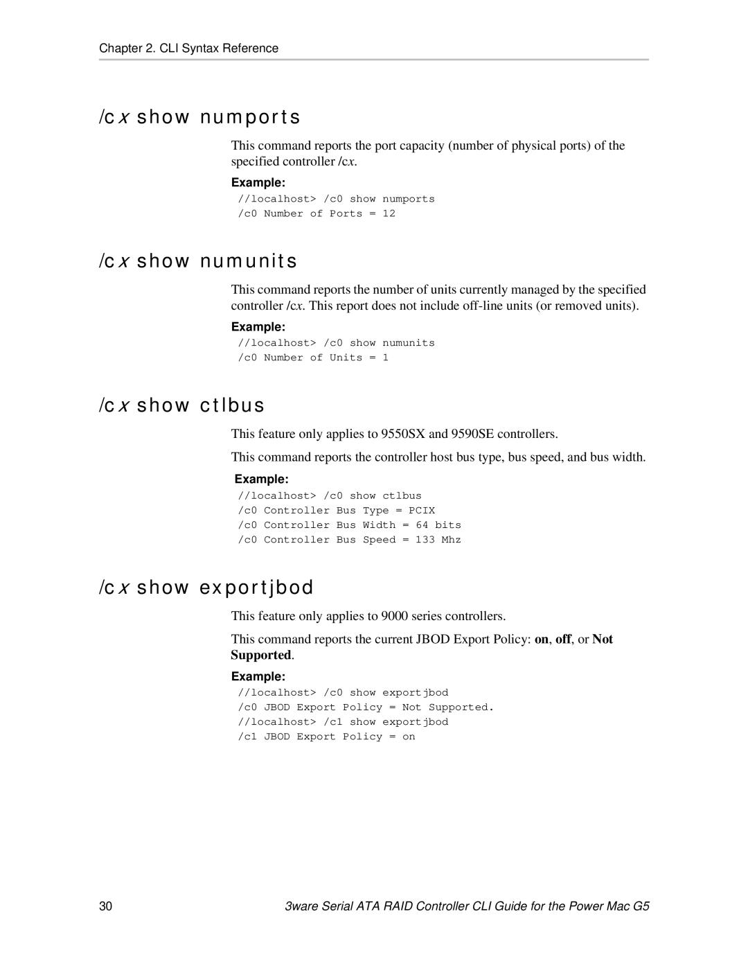 AMCC 9590SE-4ME manual Cx show numports, Cx show numunits, Cx show ctlbus, Cx show exportjbod 