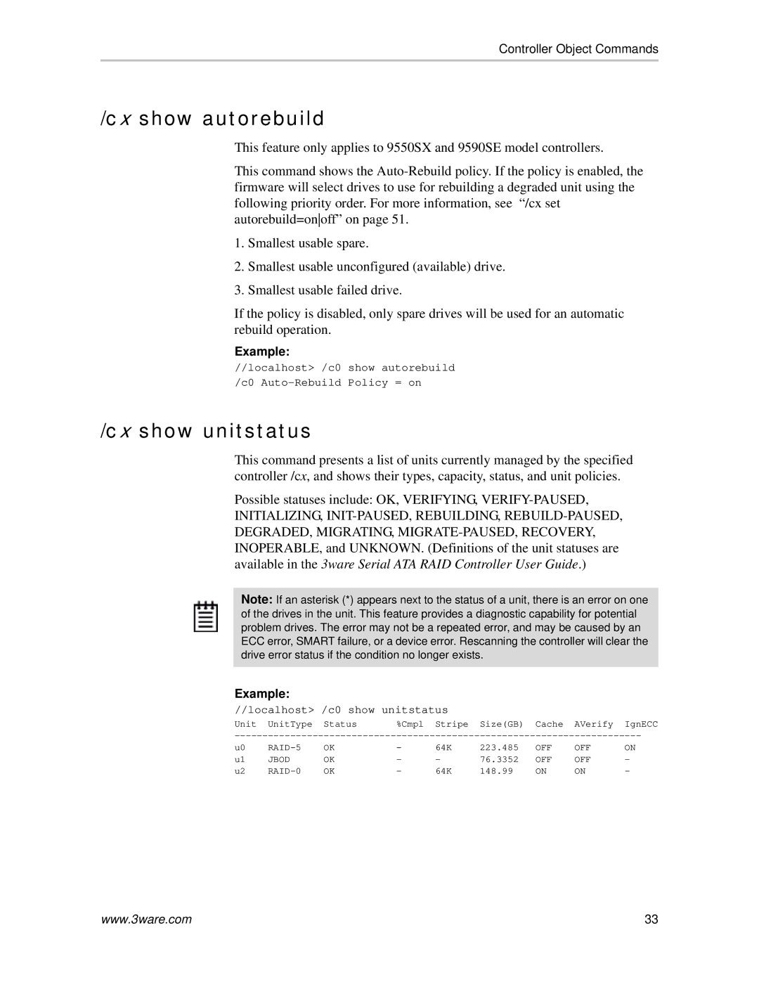 AMCC 9590SE-4ME manual Cx show autorebuild, Cx show unitstatus 