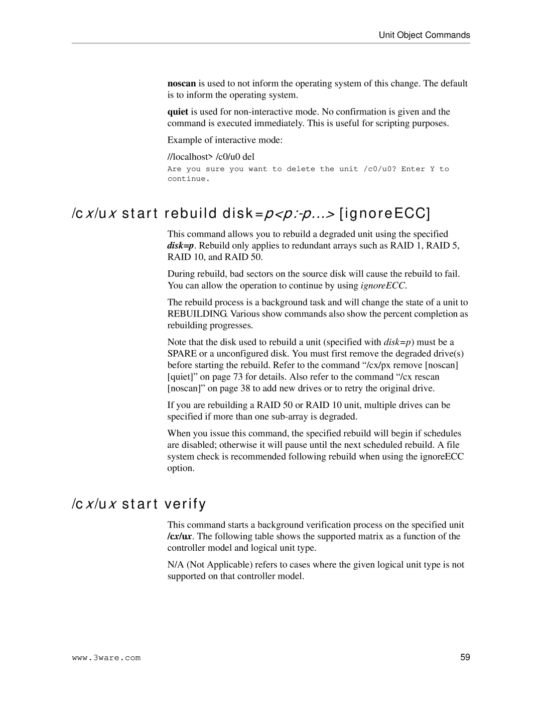 AMCC 9590SE-4ME manual Cx/ux start rebuild disk=pp-p...ignoreECC, Cx/ux start verify 