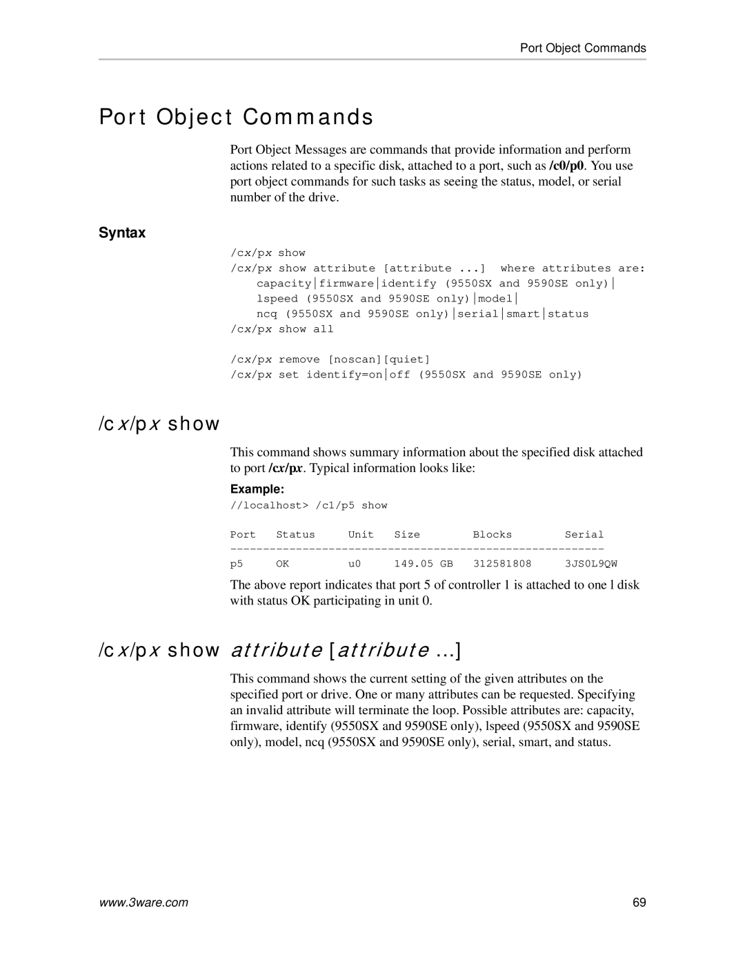 AMCC 9590SE-4ME manual Port Object Commands, Cx/px show attribute attribute 