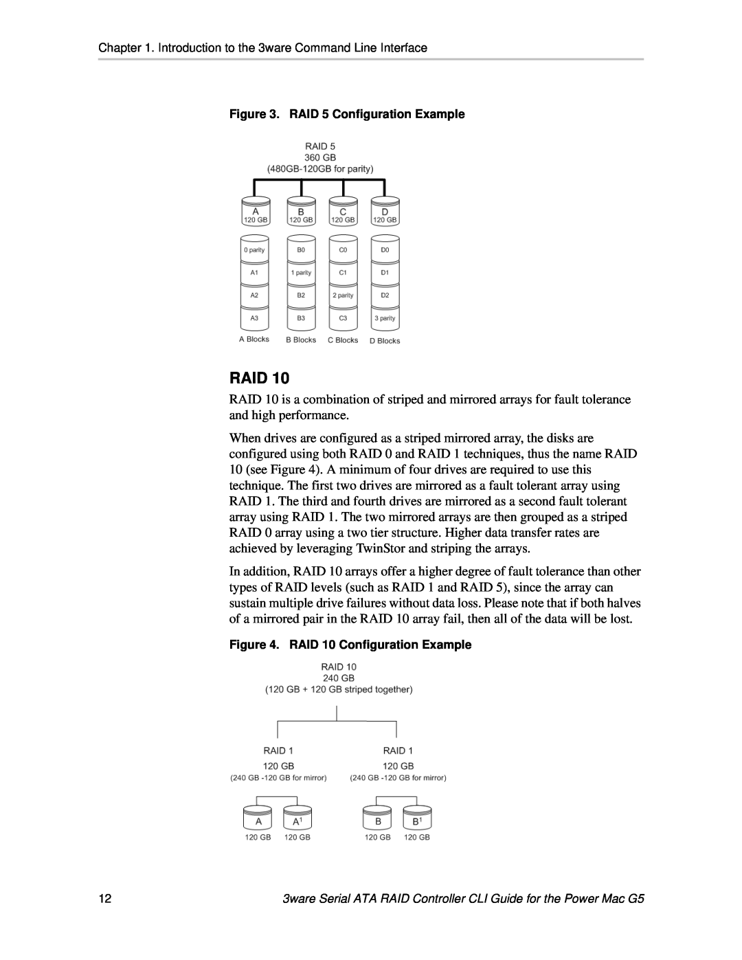 AMCC 9590SE-4ME manual Raid, RAID 5 Configuration Example, RAID 10 Configuration Example 