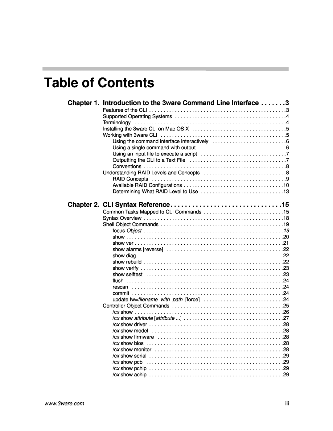 AMCC 9590SE-4ME manual Introduction to the 3ware Command Line Interface, CLI Syntax Reference, Table of Contents 