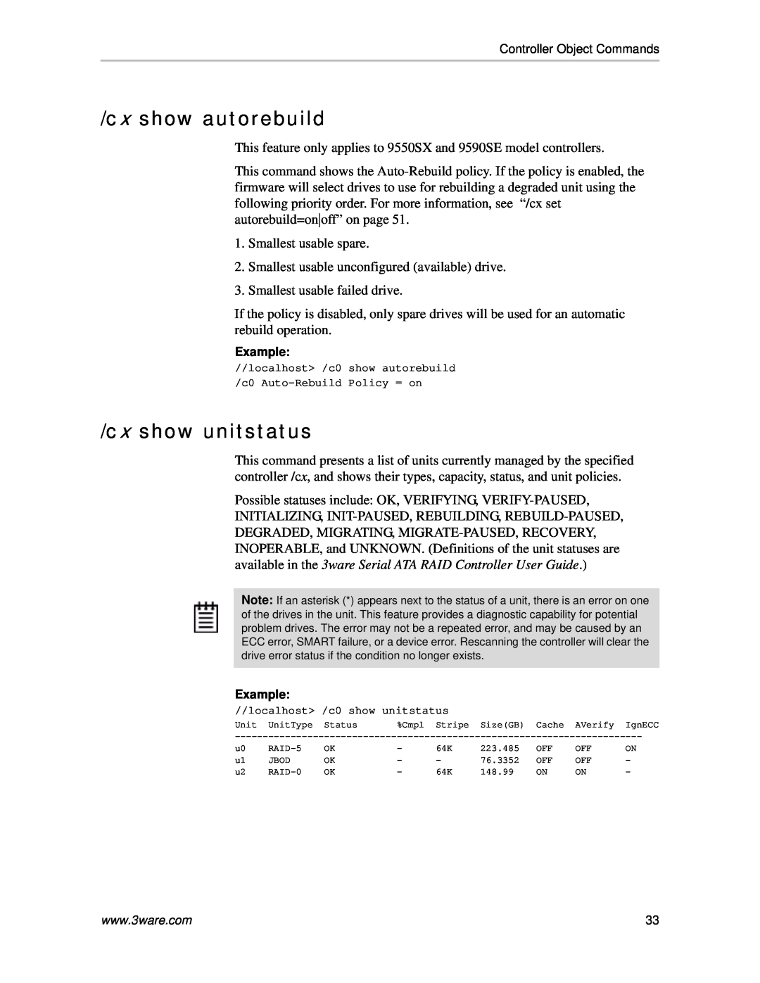 AMCC 9590SE-4ME manual cx show autorebuild, cx show unitstatus 